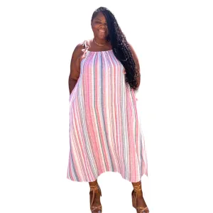 Plus Size Striped Linen Maxi Dress With Tassels