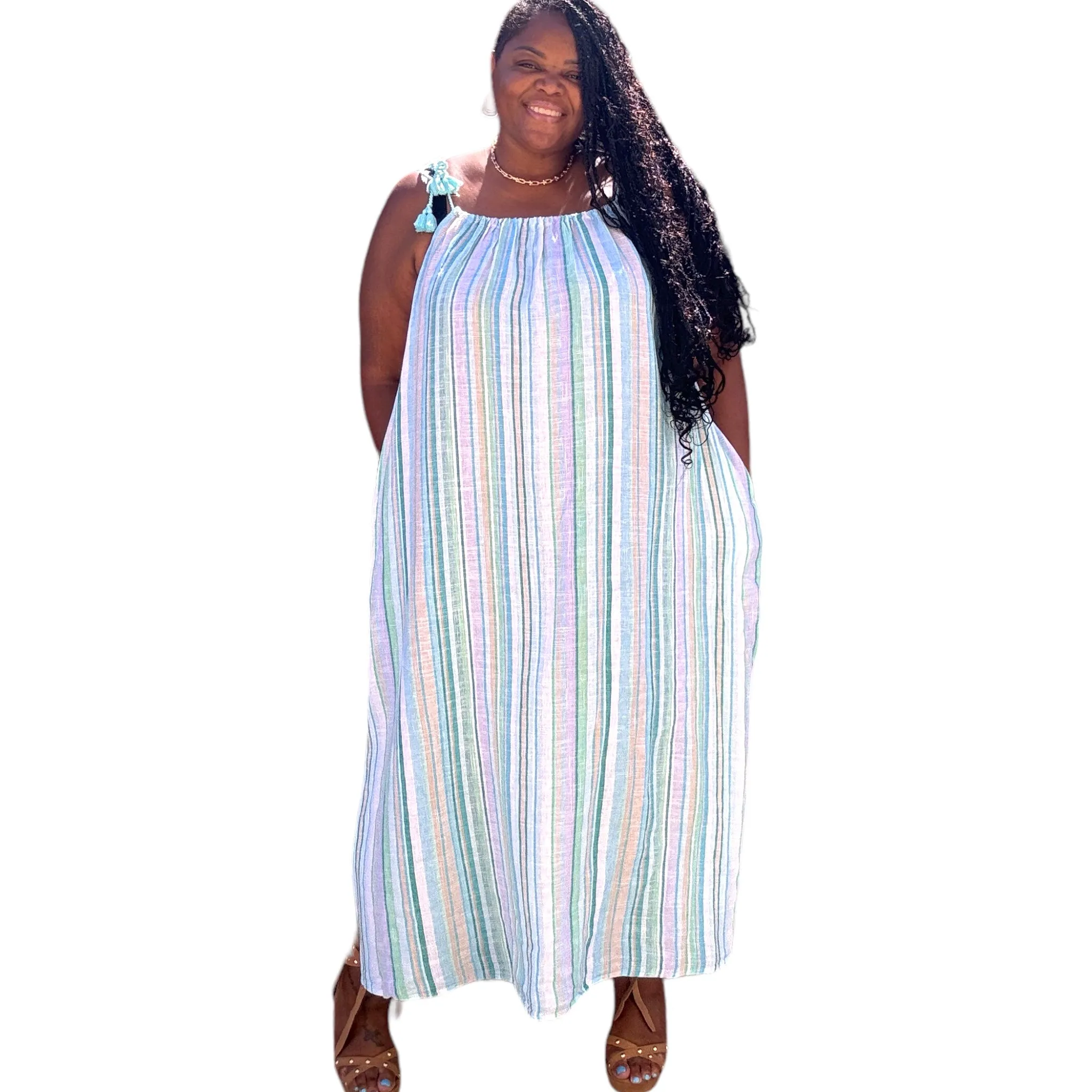 Plus Size Striped Linen Maxi Dress With Tassels