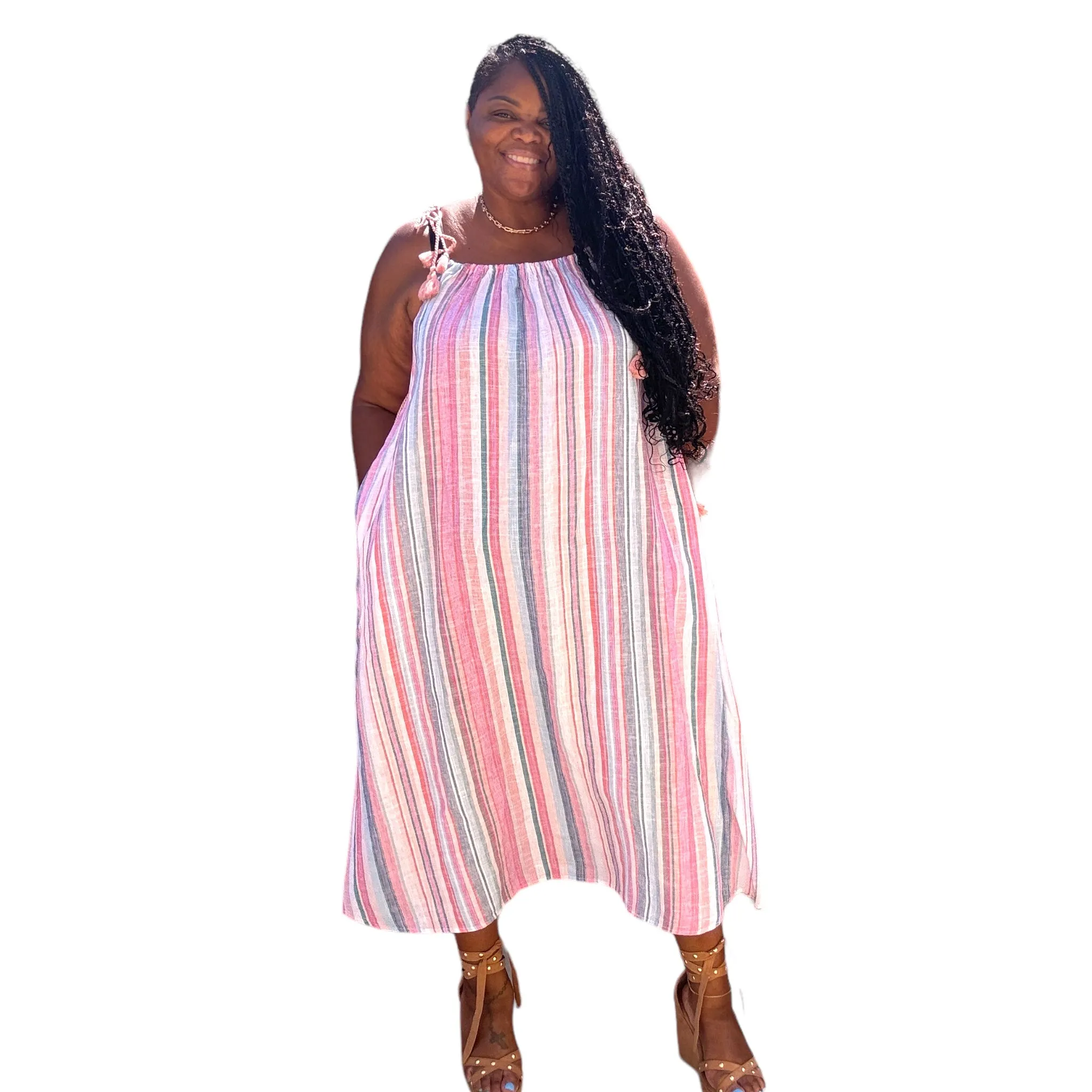 Plus Size Striped Linen Maxi Dress With Tassels