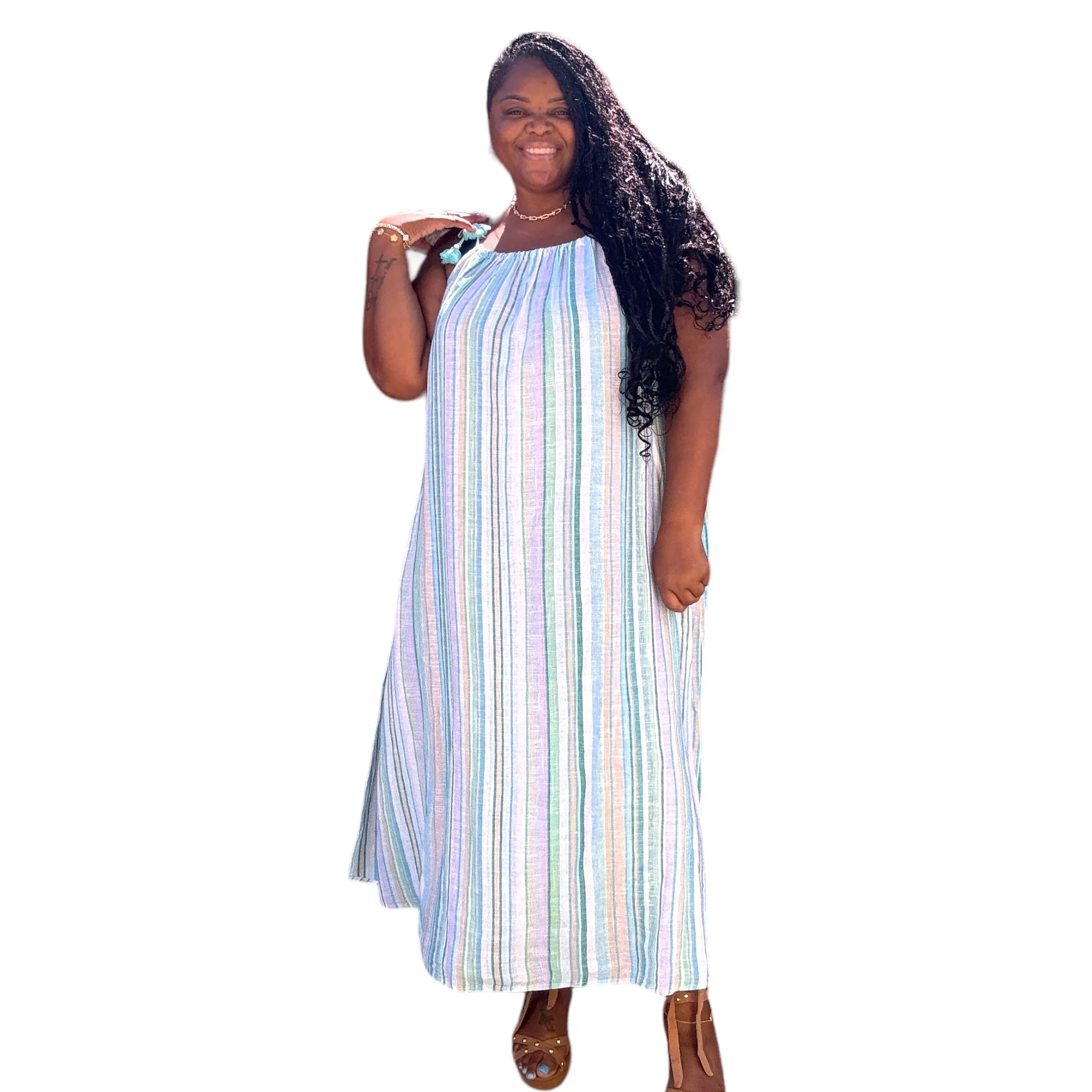 Plus Size Striped Linen Maxi Dress With Tassels