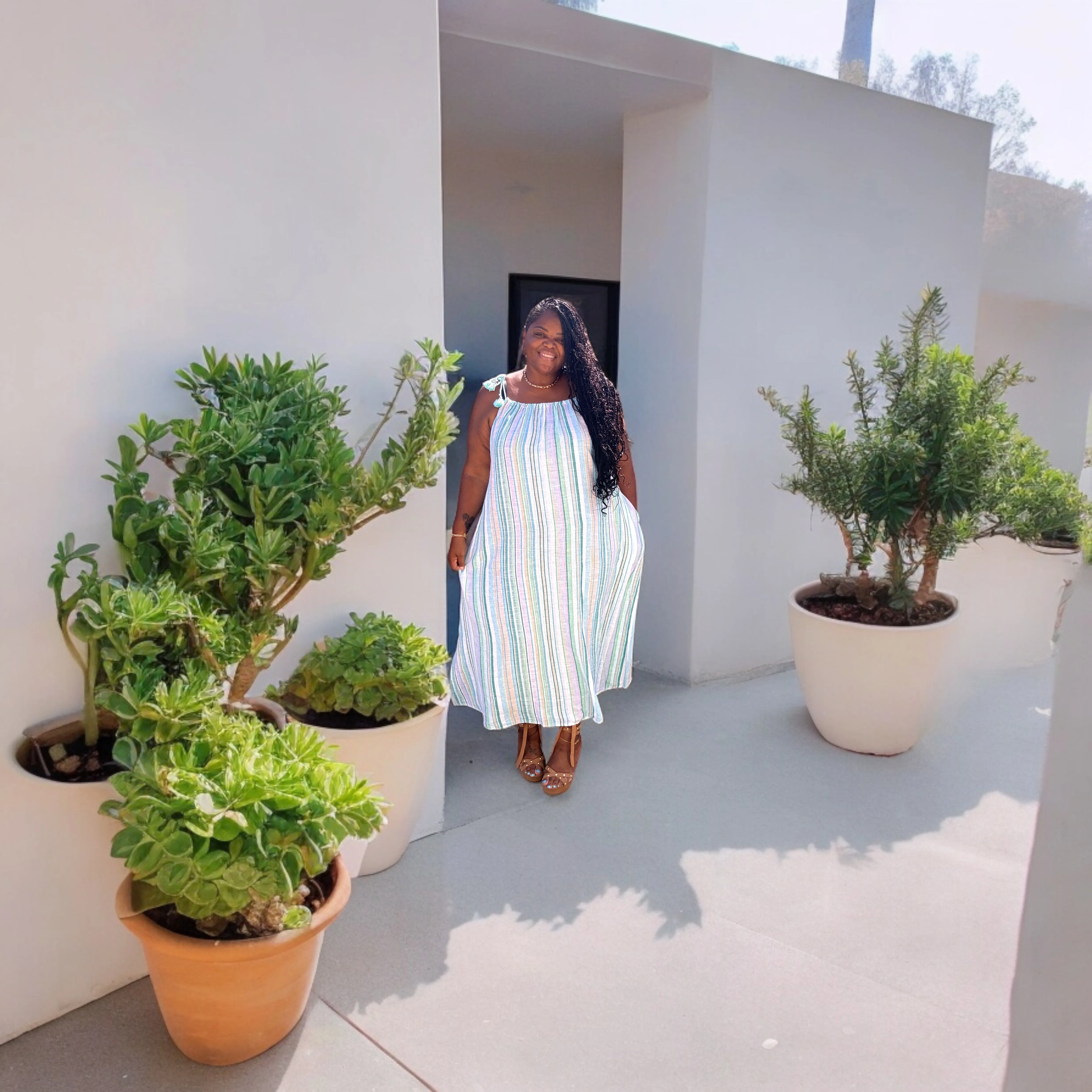 Plus Size Striped Linen Maxi Dress With Tassels