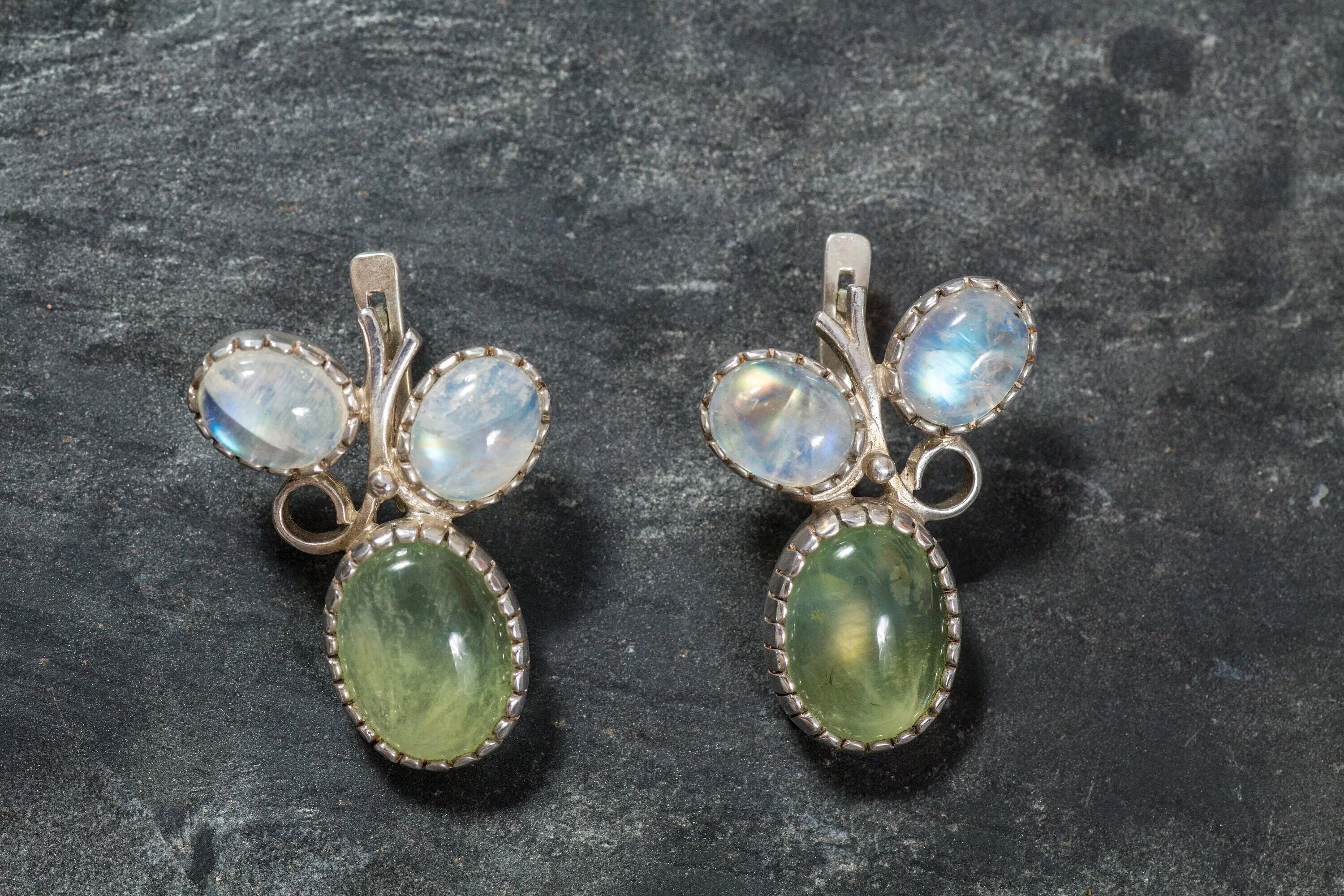 Prehnite Earrings - Moonstone Earrings - Large Leaf Earrings