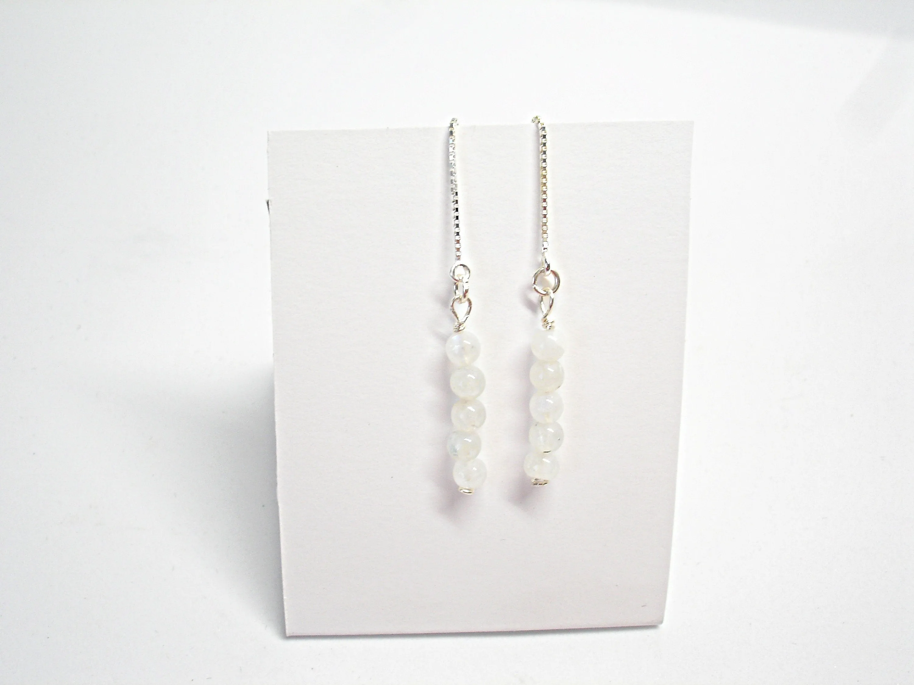 Pull through earrings. Moonstone threader earrings. White gemstone chain earrings. Moonstone jewelry. Gift for her