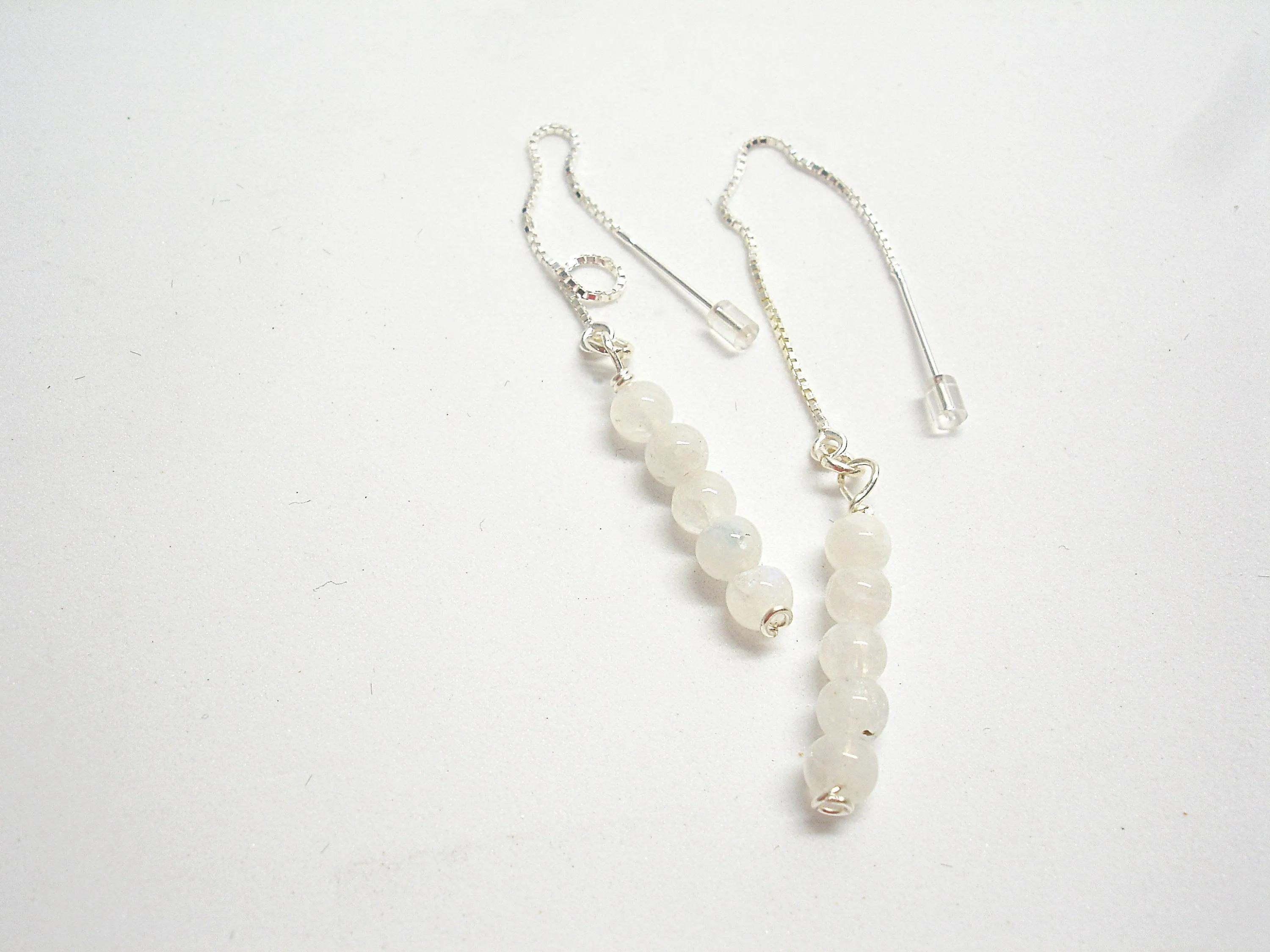 Pull through earrings. Moonstone threader earrings. White gemstone chain earrings. Moonstone jewelry. Gift for her