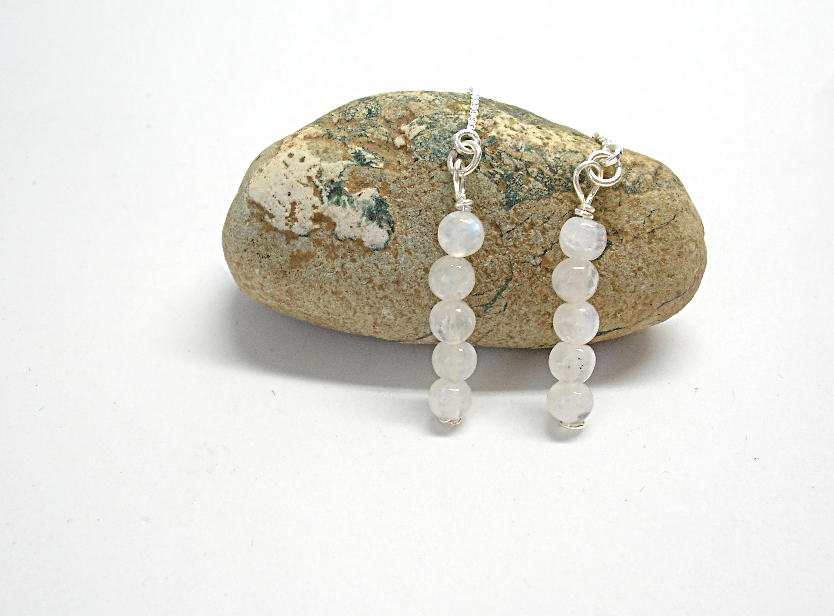 Pull through earrings. Moonstone threader earrings. White gemstone chain earrings. Moonstone jewelry. Gift for her