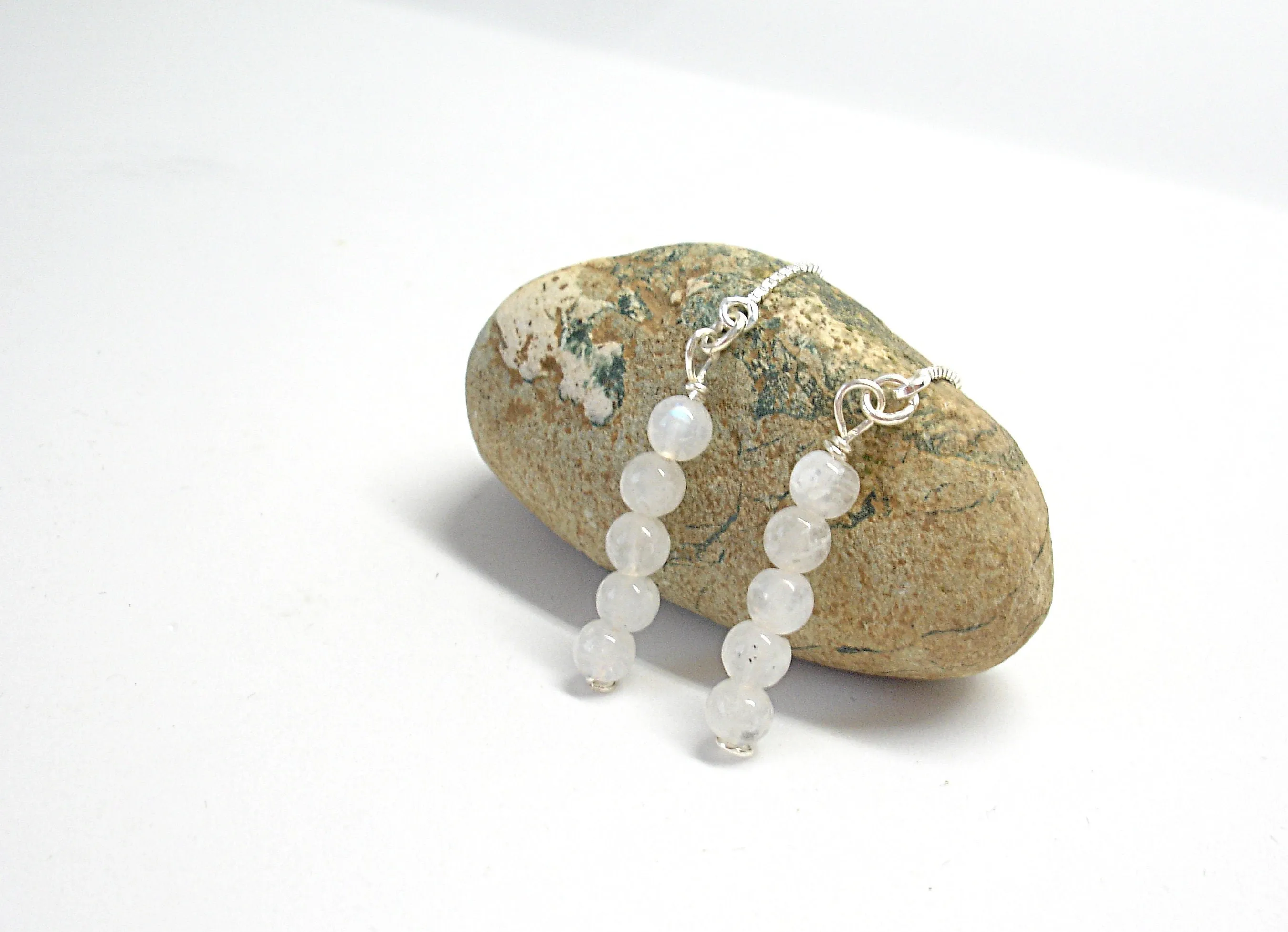 Pull through earrings. Moonstone threader earrings. White gemstone chain earrings. Moonstone jewelry. Gift for her