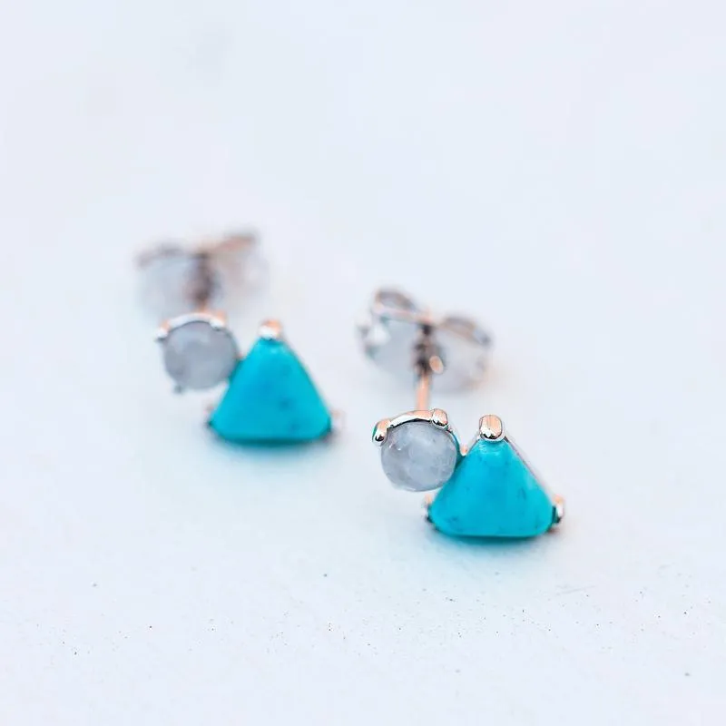 PURA VIDA TURQUOISE AND MOONSTONE STUD EARRINGS SILVER NEW!