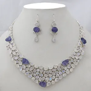 Rainbow Moonstone & Tanzanite Silver Necklace