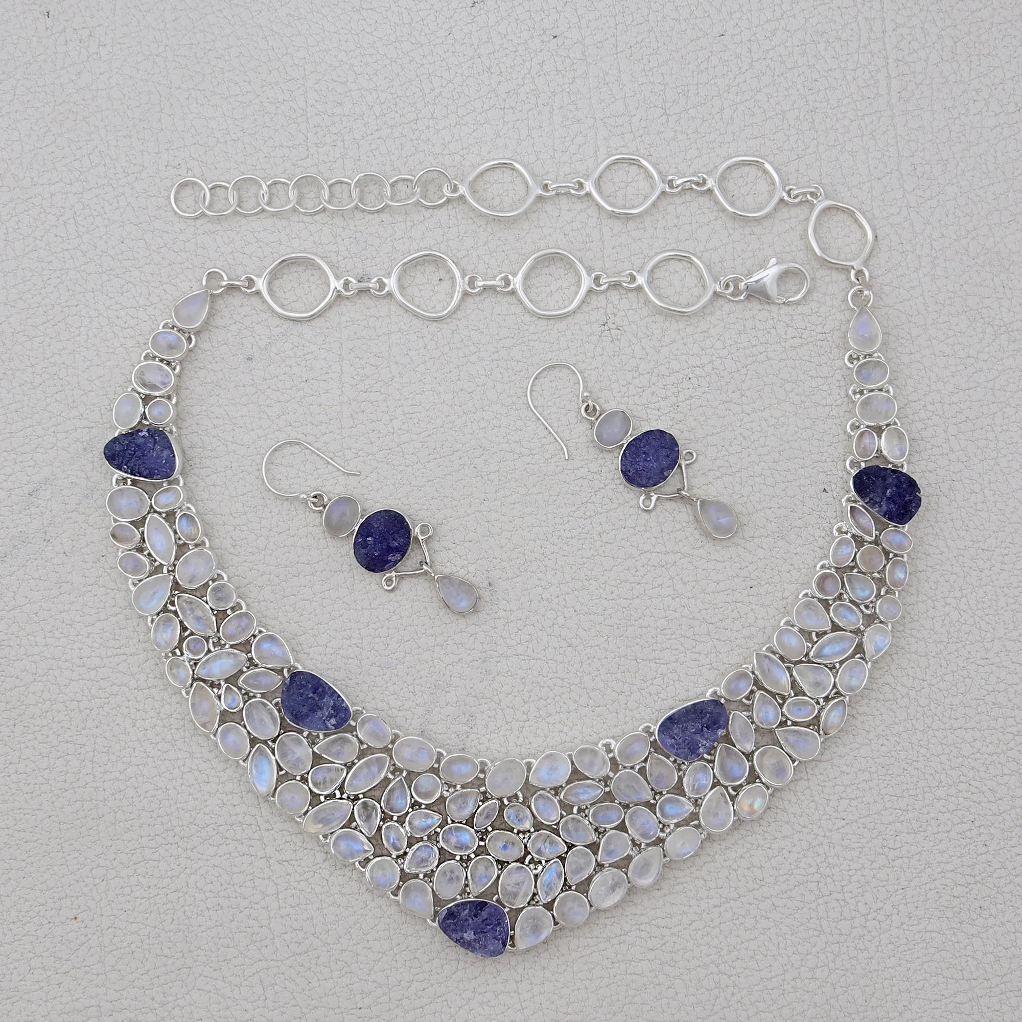 Rainbow Moonstone & Tanzanite Silver Necklace
