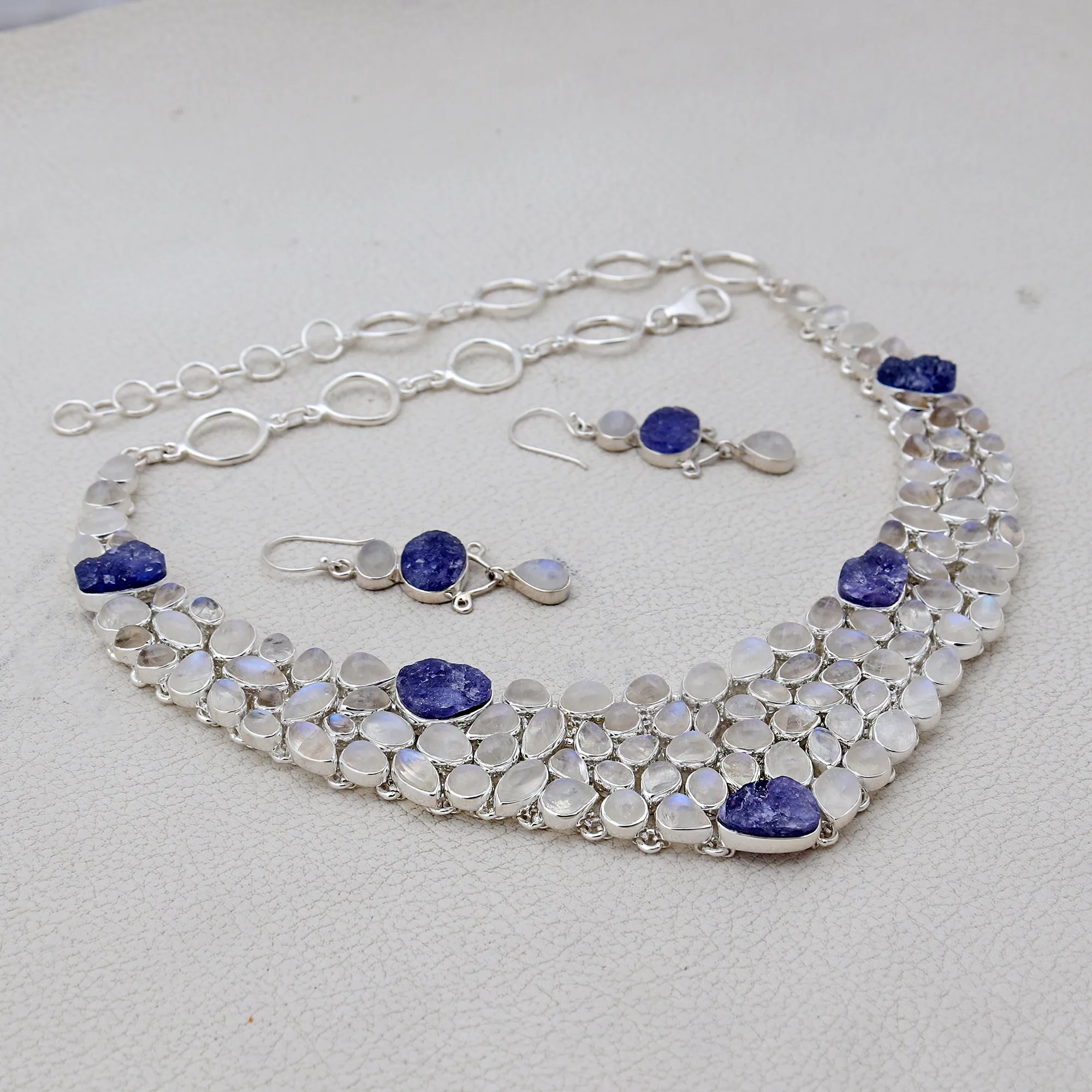 Rainbow Moonstone & Tanzanite Silver Necklace