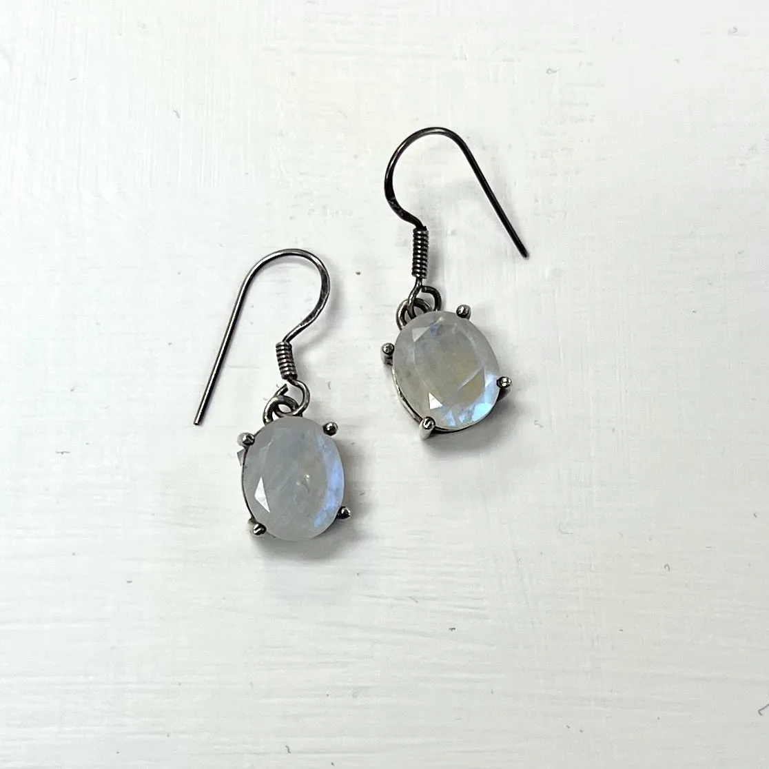 Rainbow Moonstone Earrings, Silver Claw