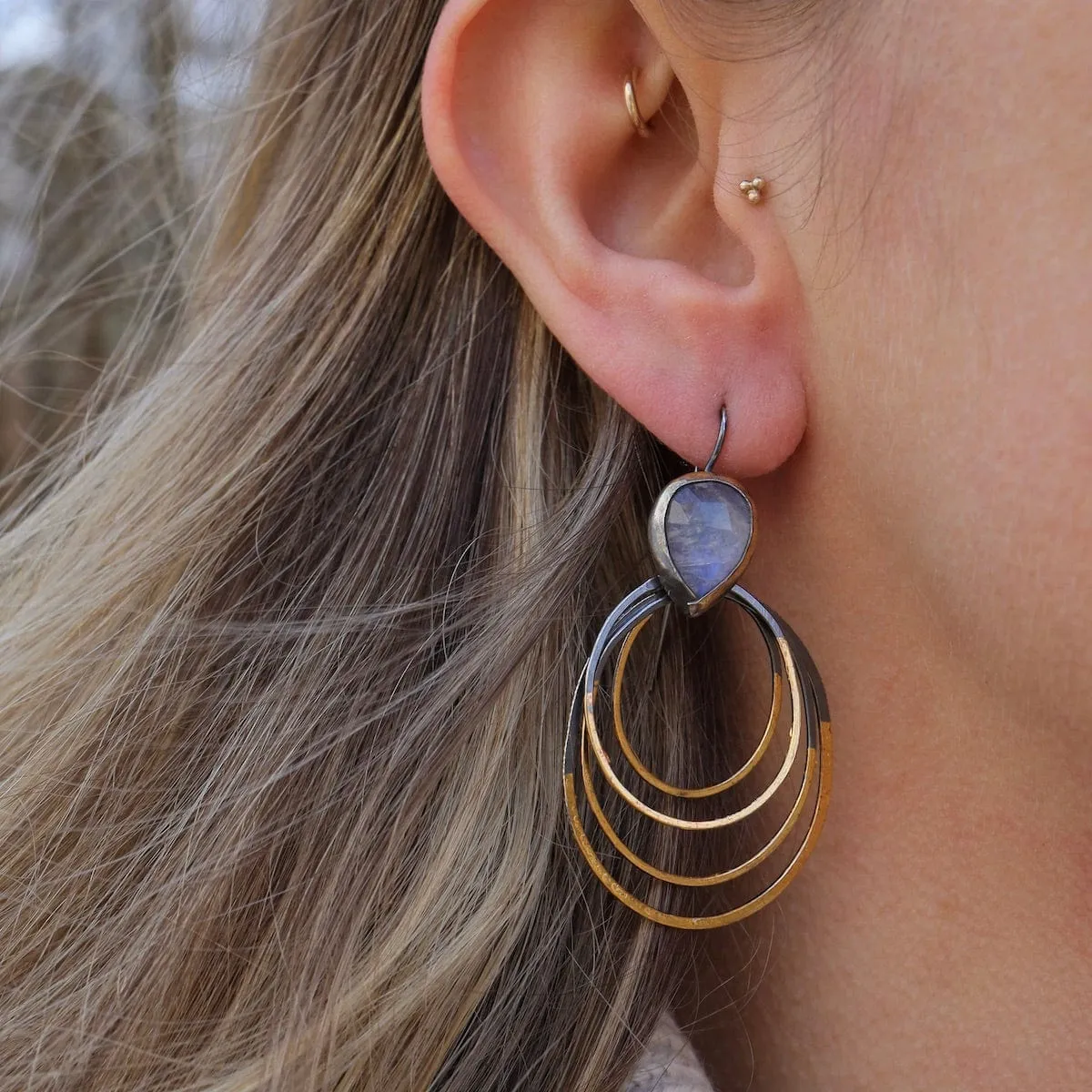 Rainbow Moonstone Medium Ripple Rim Earrings