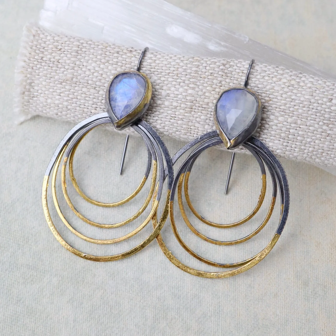 Rainbow Moonstone Medium Ripple Rim Earrings