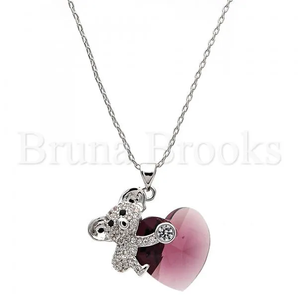 Rhodium Plated Fancy Necklace, Kohala and Heart Design, with Swarovski Crystals and Micro Pave, Rhodium Tone