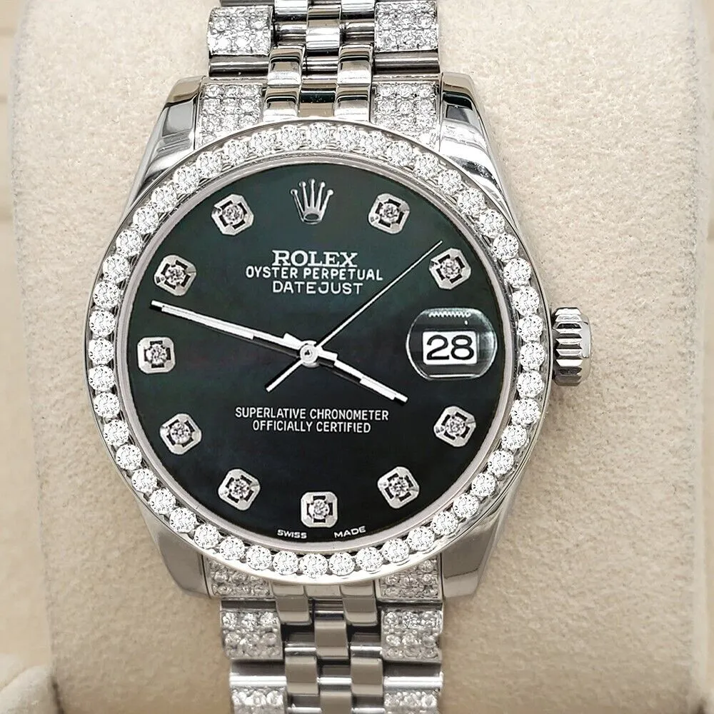 Rolex Datejust Midsize 31mm 3.3ct Diamond Bezel/Bracelet/Black MOP Dial Watch TFJ-142508199