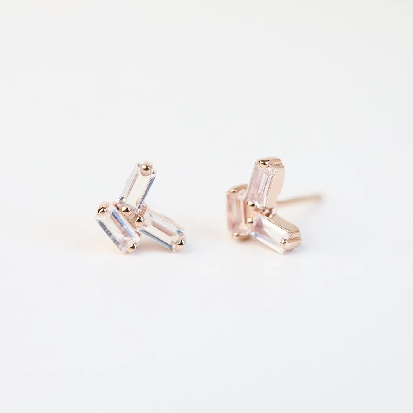 Rose Gold Rainbow Moonstone Baguette Post Earrings