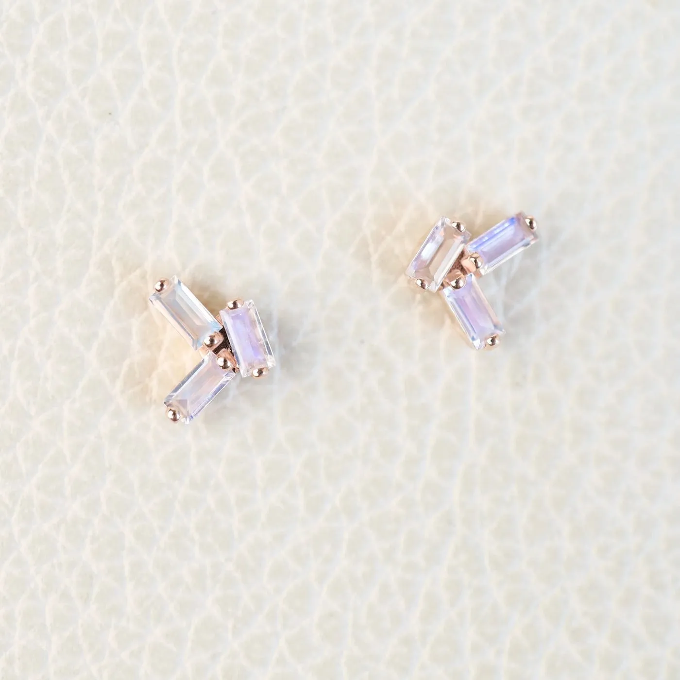 Rose Gold Rainbow Moonstone Baguette Post Earrings