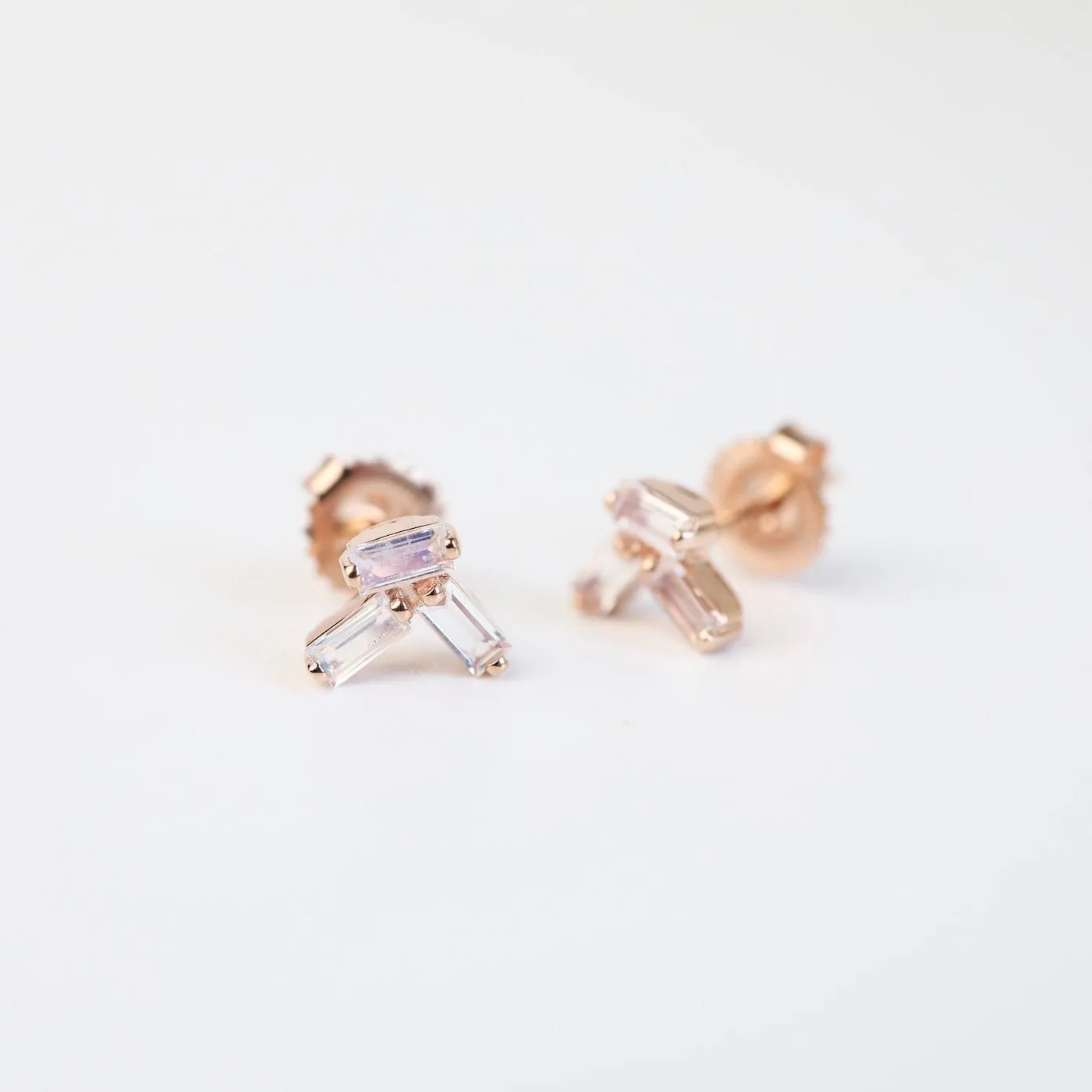 Rose Gold Rainbow Moonstone Baguette Post Earrings
