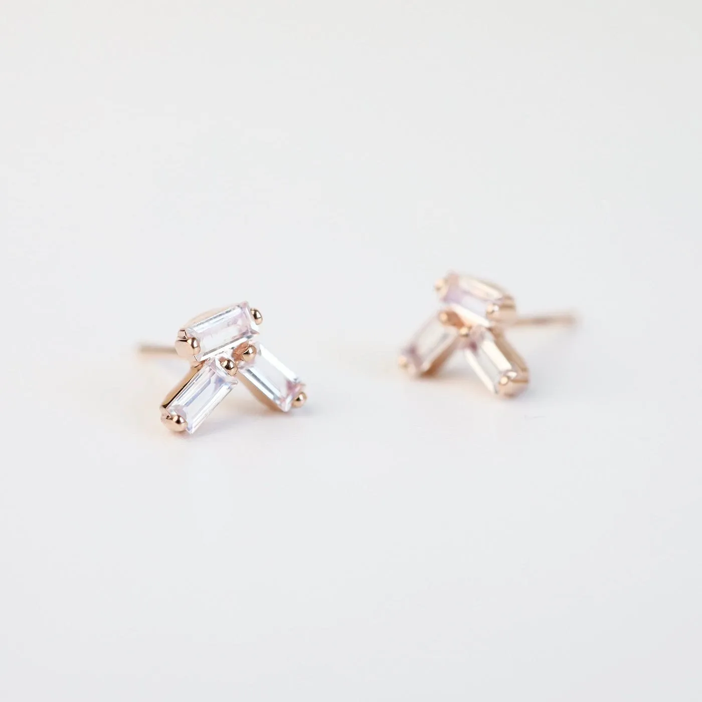 Rose Gold Rainbow Moonstone Baguette Post Earrings