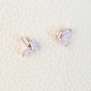 Rose Gold Rainbow Moonstone Baguette Post Earrings