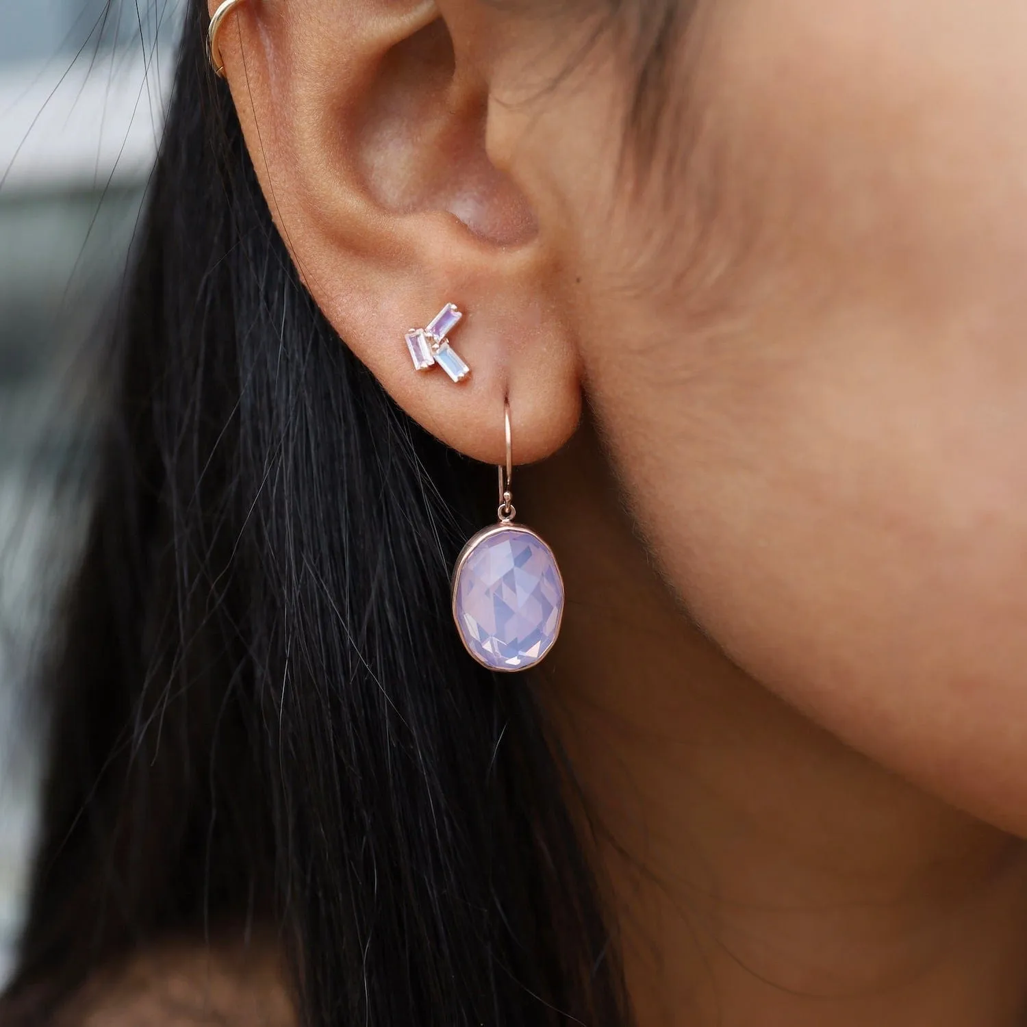 Rose Gold Rainbow Moonstone Baguette Post Earrings