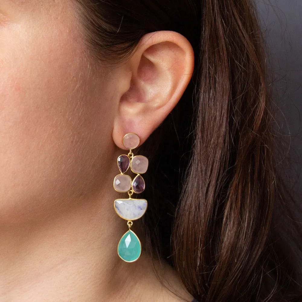 Rose Quartz, Amethyst, Moonstone and Chalcedony Multi Stone Earrings