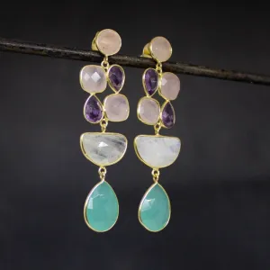 Rose Quartz, Amethyst, Moonstone and Chalcedony Multi Stone Earrings