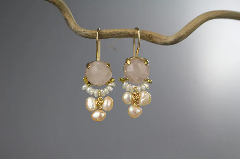 Rose Quartz Pearl Clover Earrings