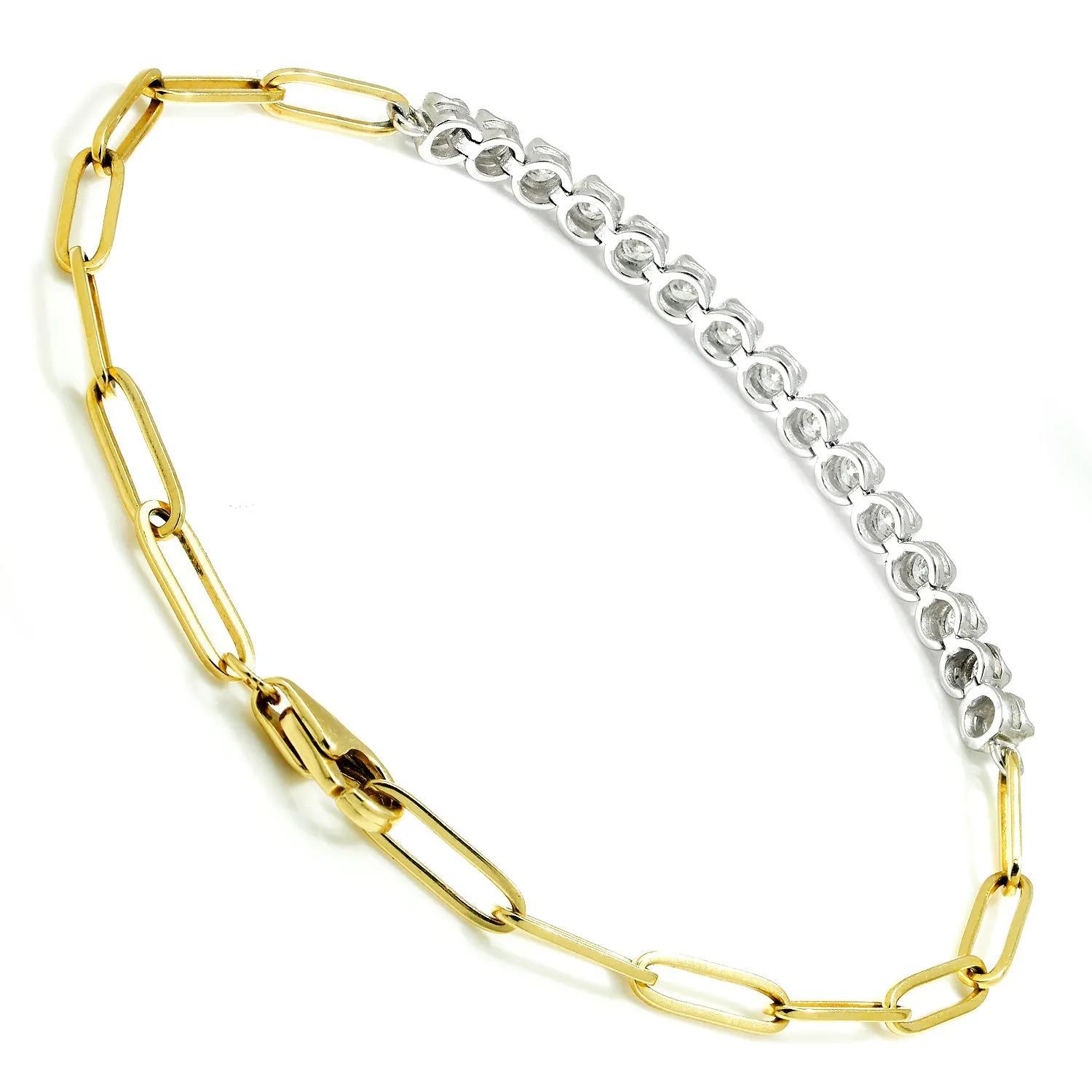 Round Diamond Paperclip Line Bracelet Two-Tone Gold 0.75ctw