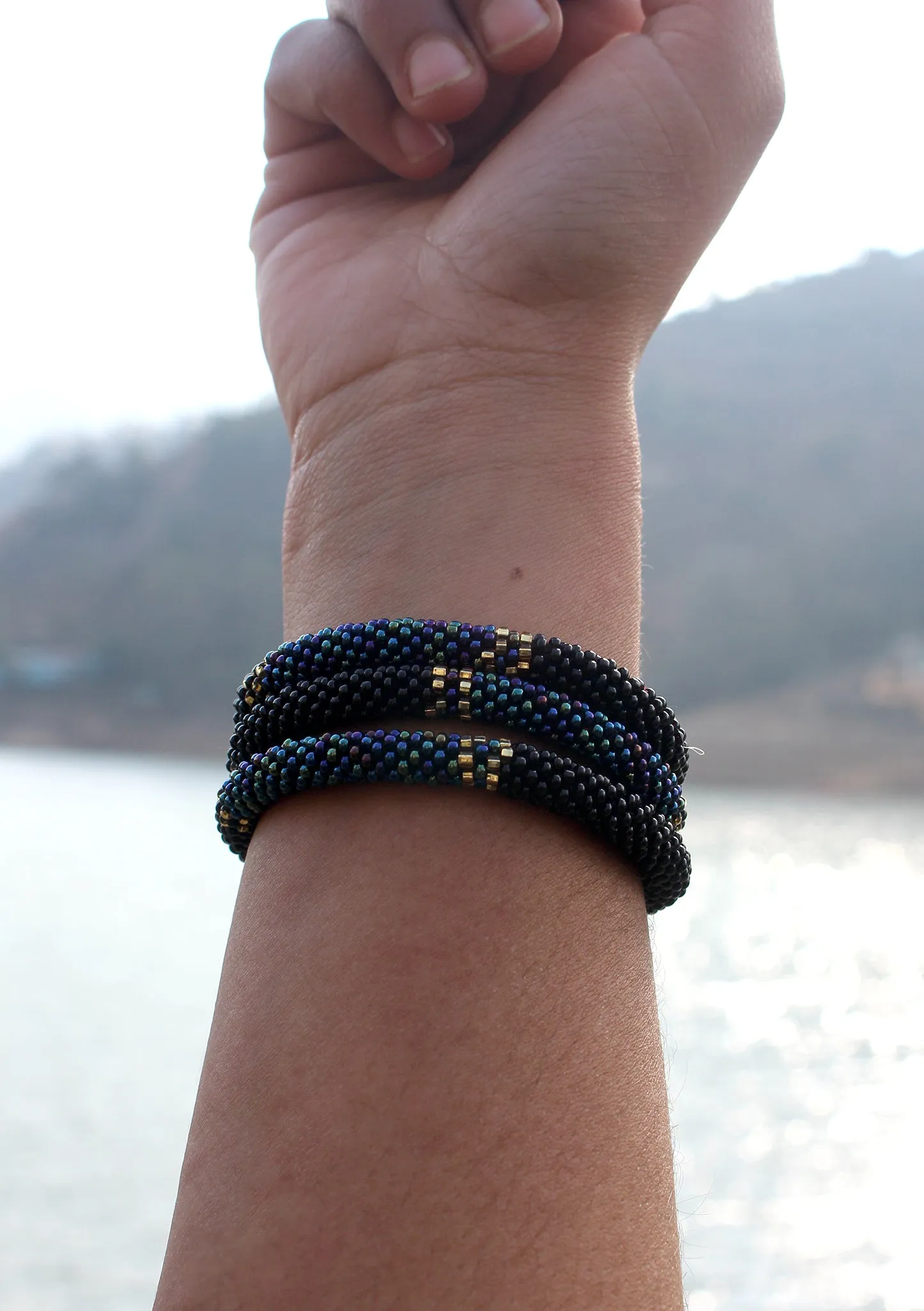 Shiny Black & Mixed Color Beads Nepalese Roll on Bracelet