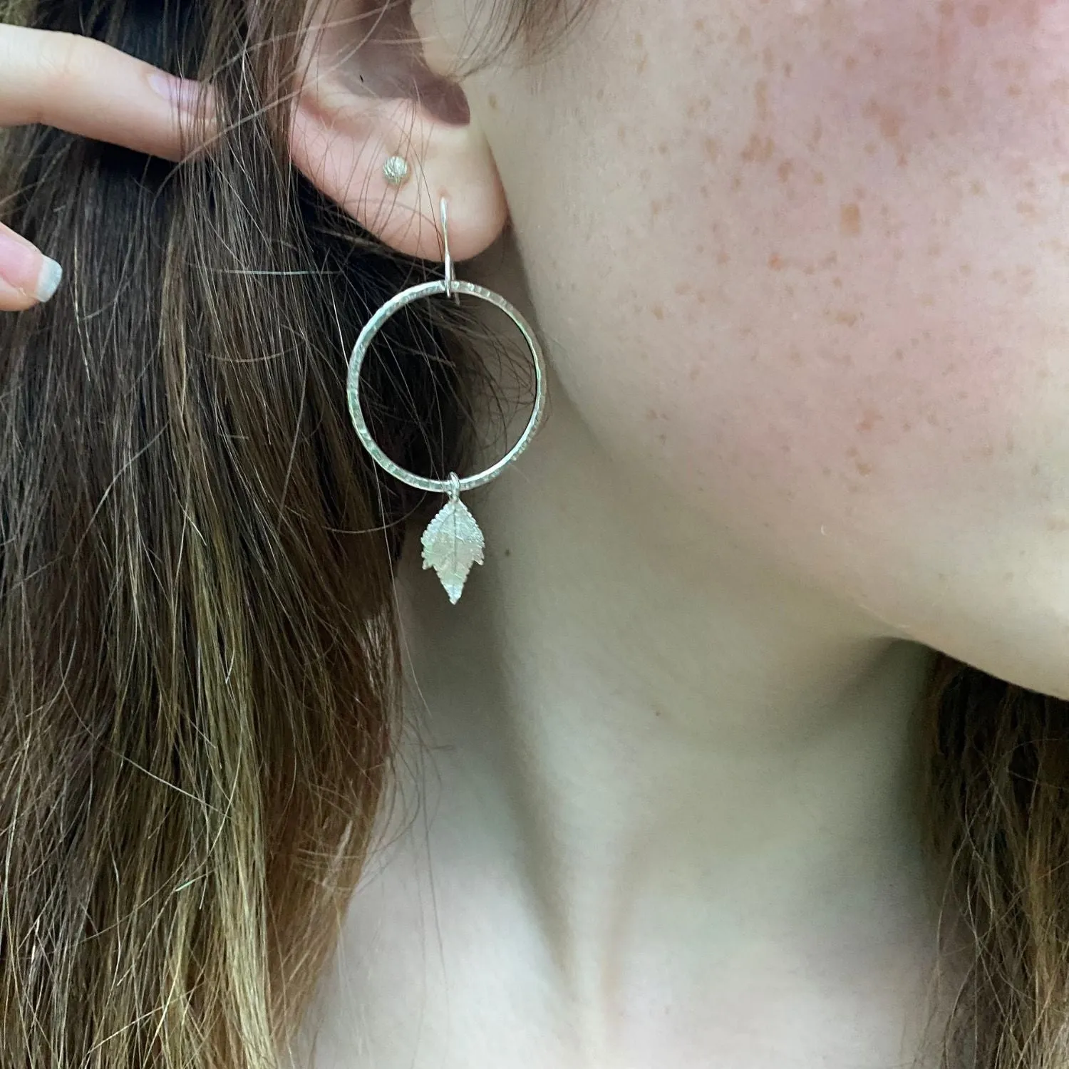 Silver Boho Hoop Earrings With Silver Leaves