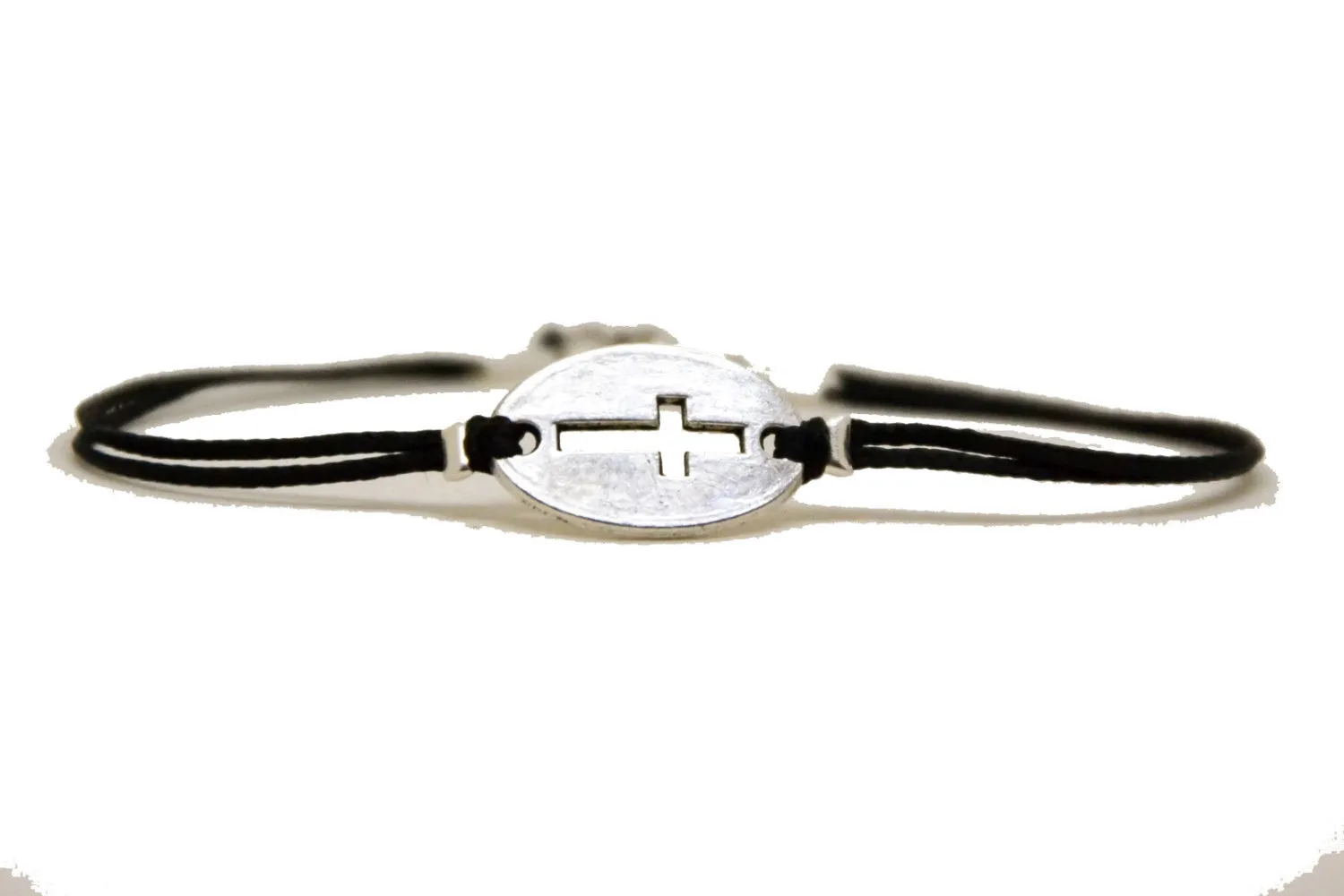 Silver cross bracelet for men, black cord, christian jewelry for him