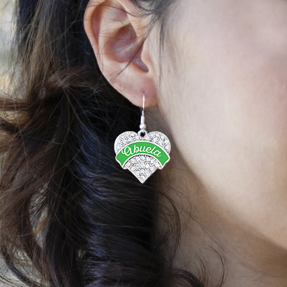 Silver Emerald Green Abuela Pave Heart Charm Dangle Earrings