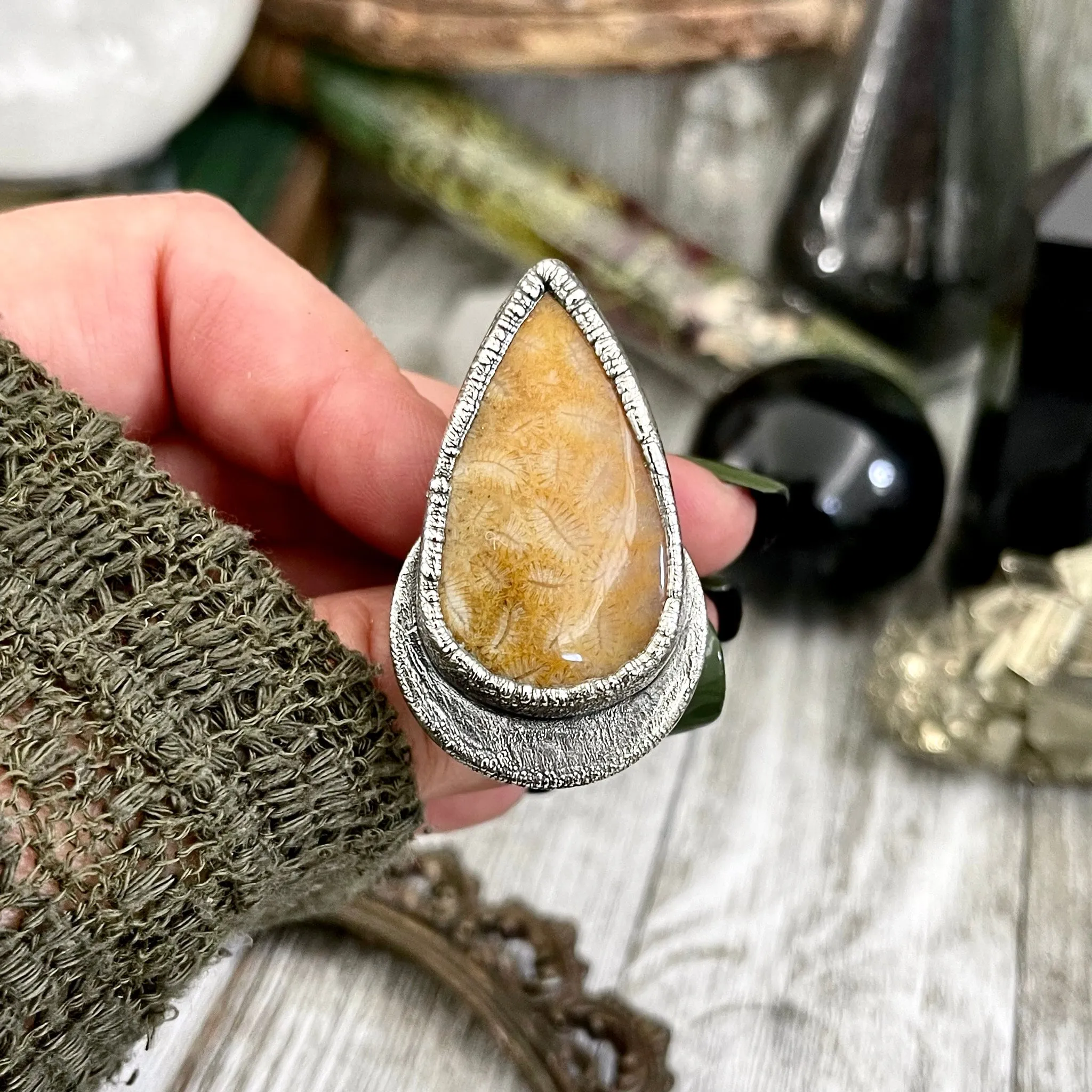 Size 8.5 Big Fossilized Coral Silver Statement Ring in Fine Silver / Foxlark Collection - One of a Kind