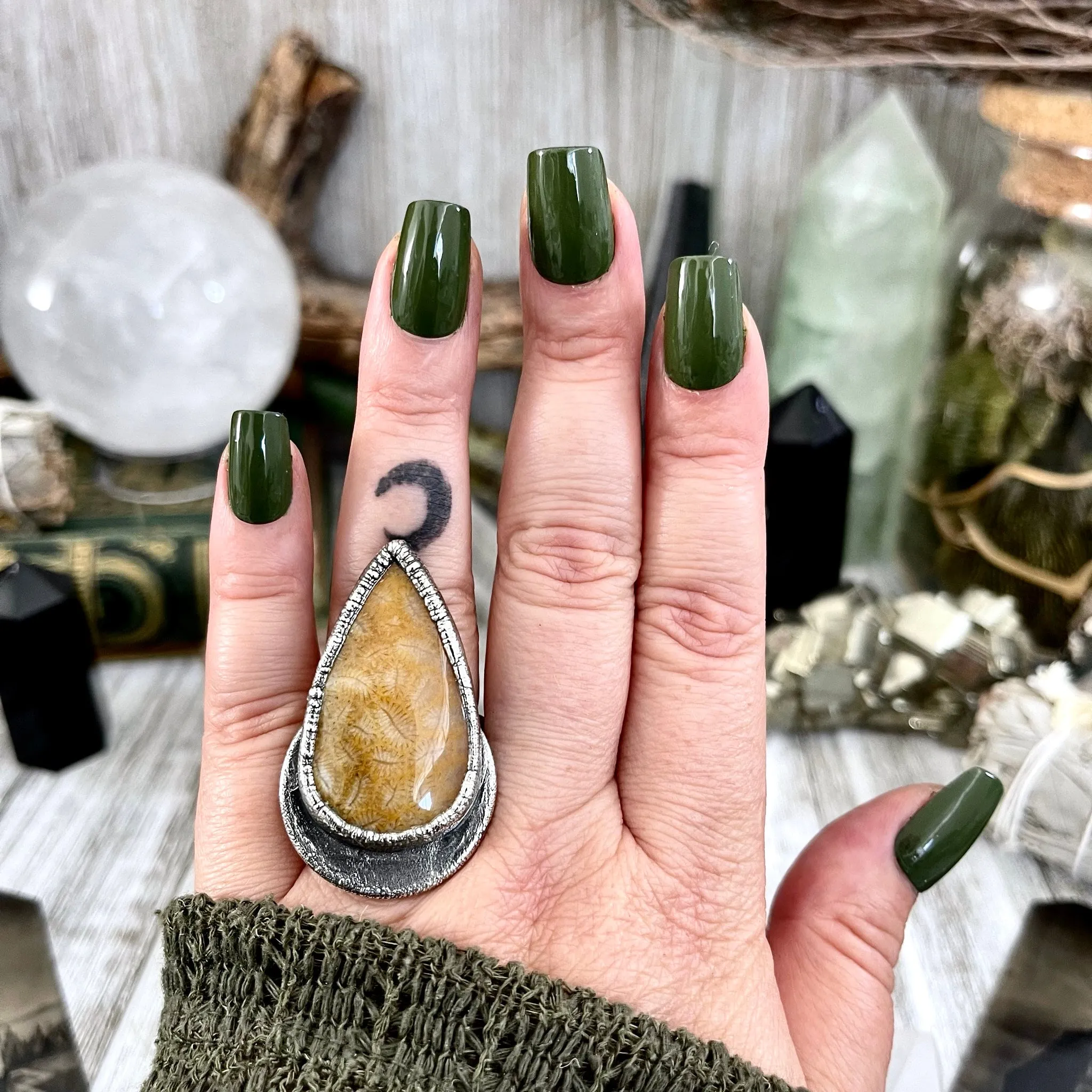 Size 8.5 Big Fossilized Coral Silver Statement Ring in Fine Silver / Foxlark Collection - One of a Kind