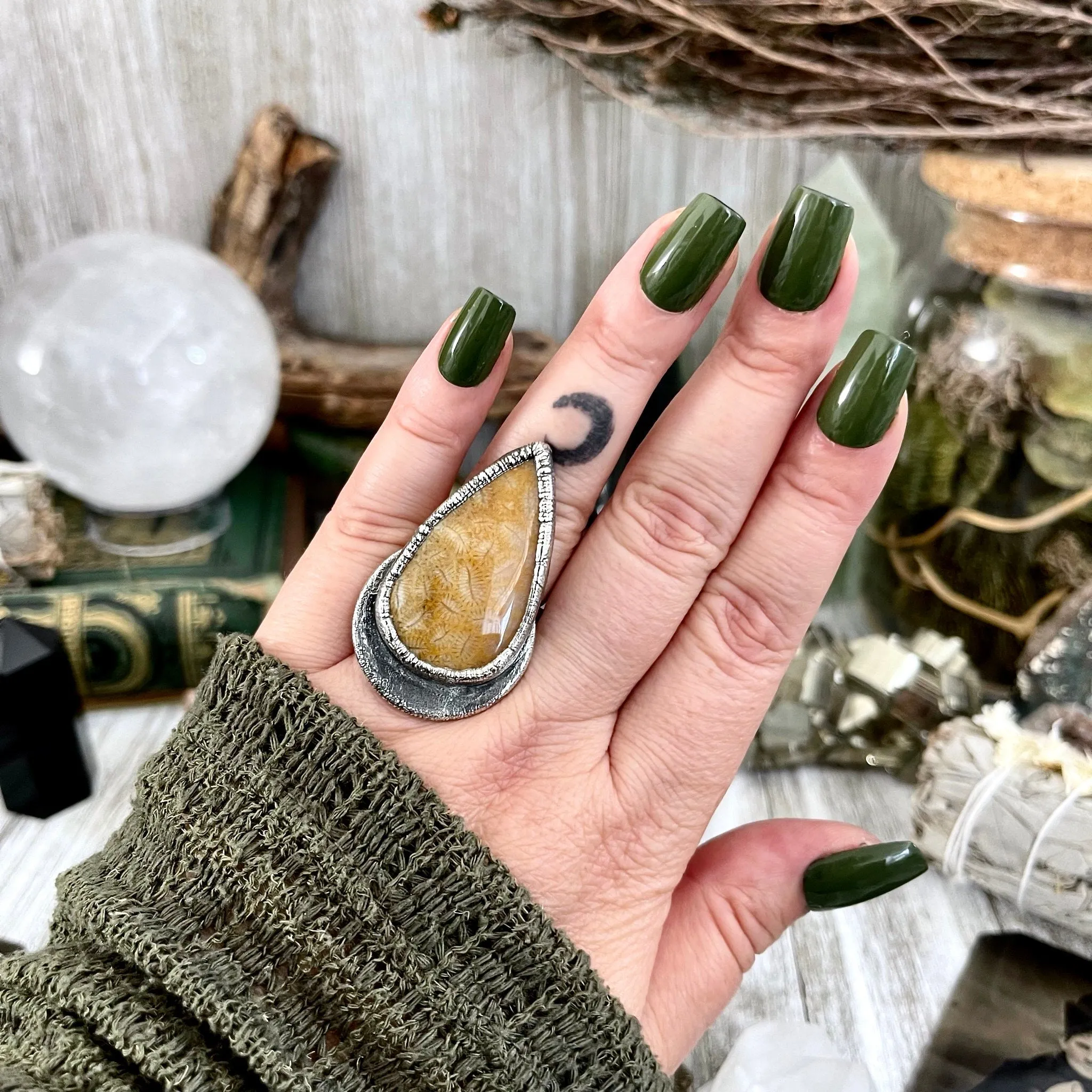 Size 8.5 Big Fossilized Coral Silver Statement Ring in Fine Silver / Foxlark Collection - One of a Kind