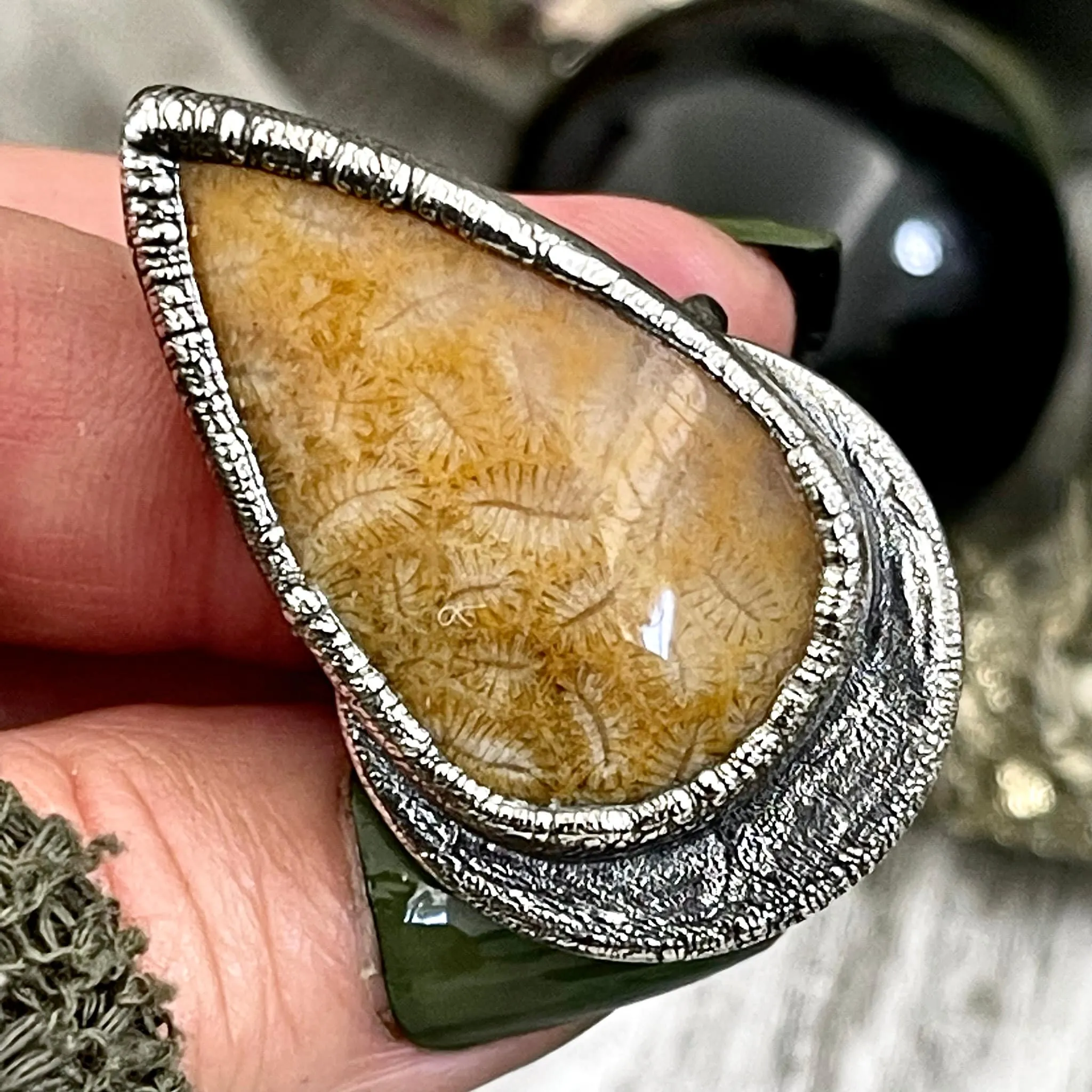 Size 8.5 Big Fossilized Coral Silver Statement Ring in Fine Silver / Foxlark Collection - One of a Kind
