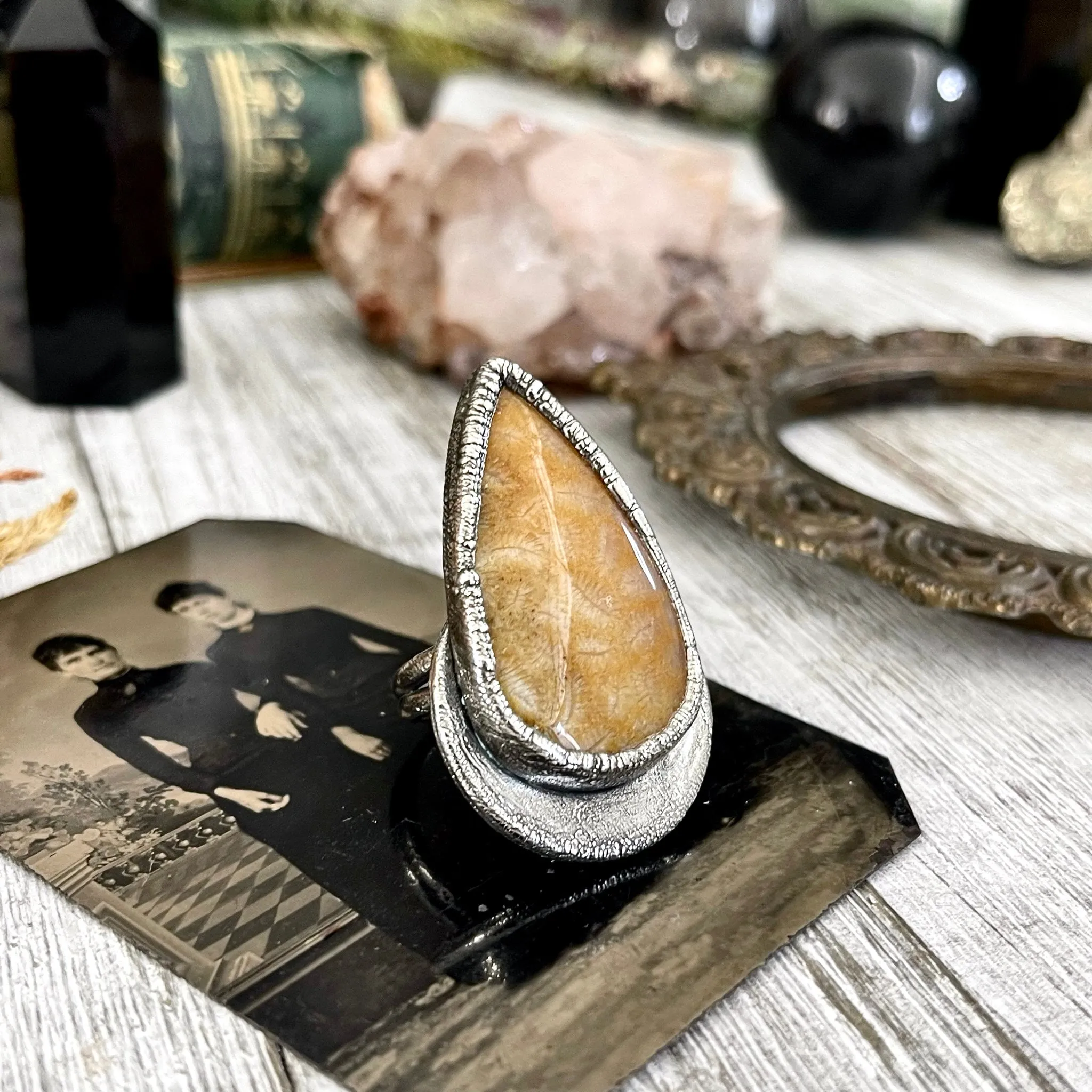 Size 8.5 Big Fossilized Coral Silver Statement Ring in Fine Silver / Foxlark Collection - One of a Kind