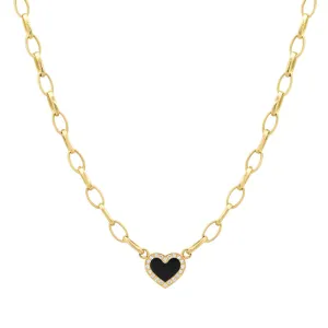 Small Edith Link Necklace with Onyx Inlay Heart with Diamonds