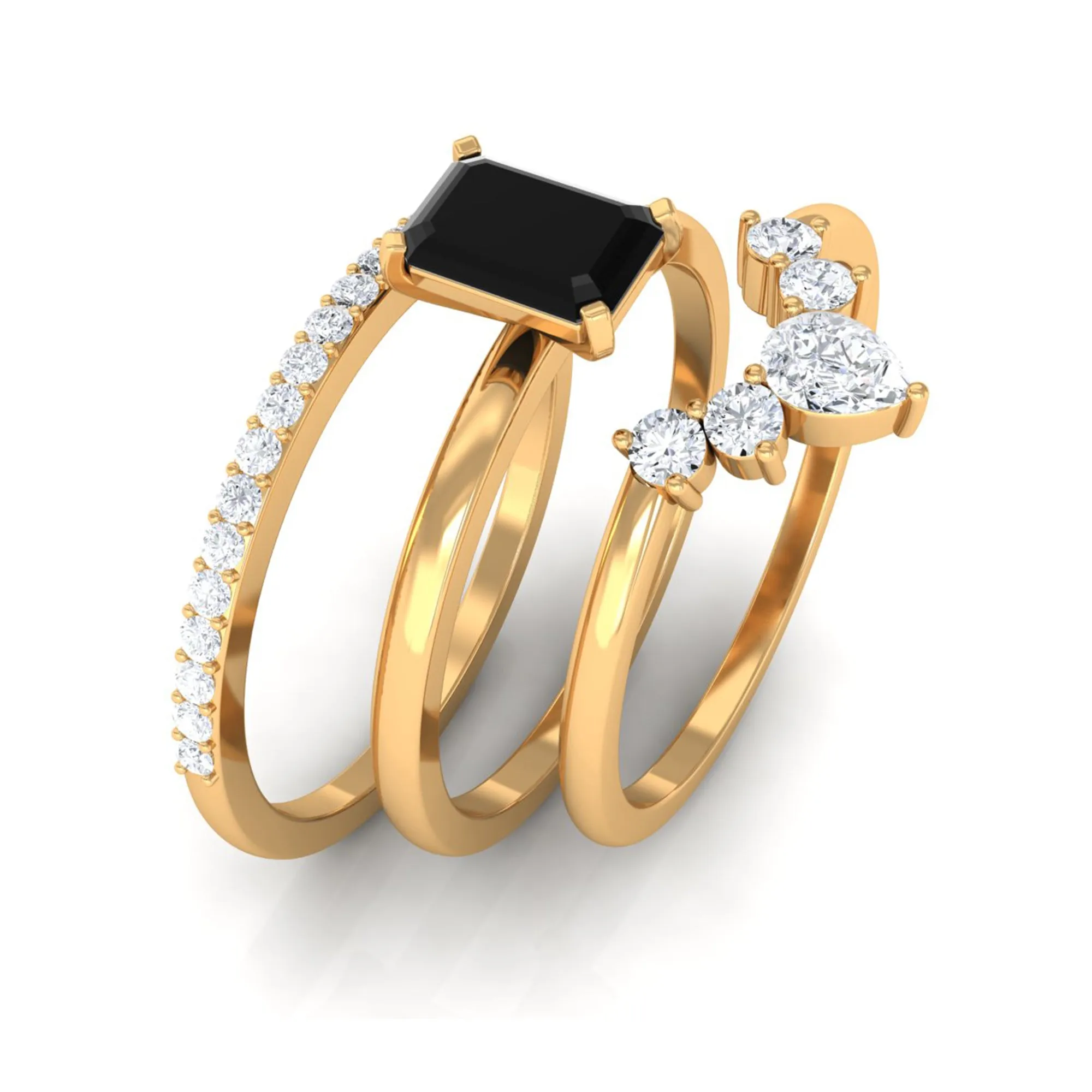 Solitaire Black Onyx and Moissanite Three Ring Set