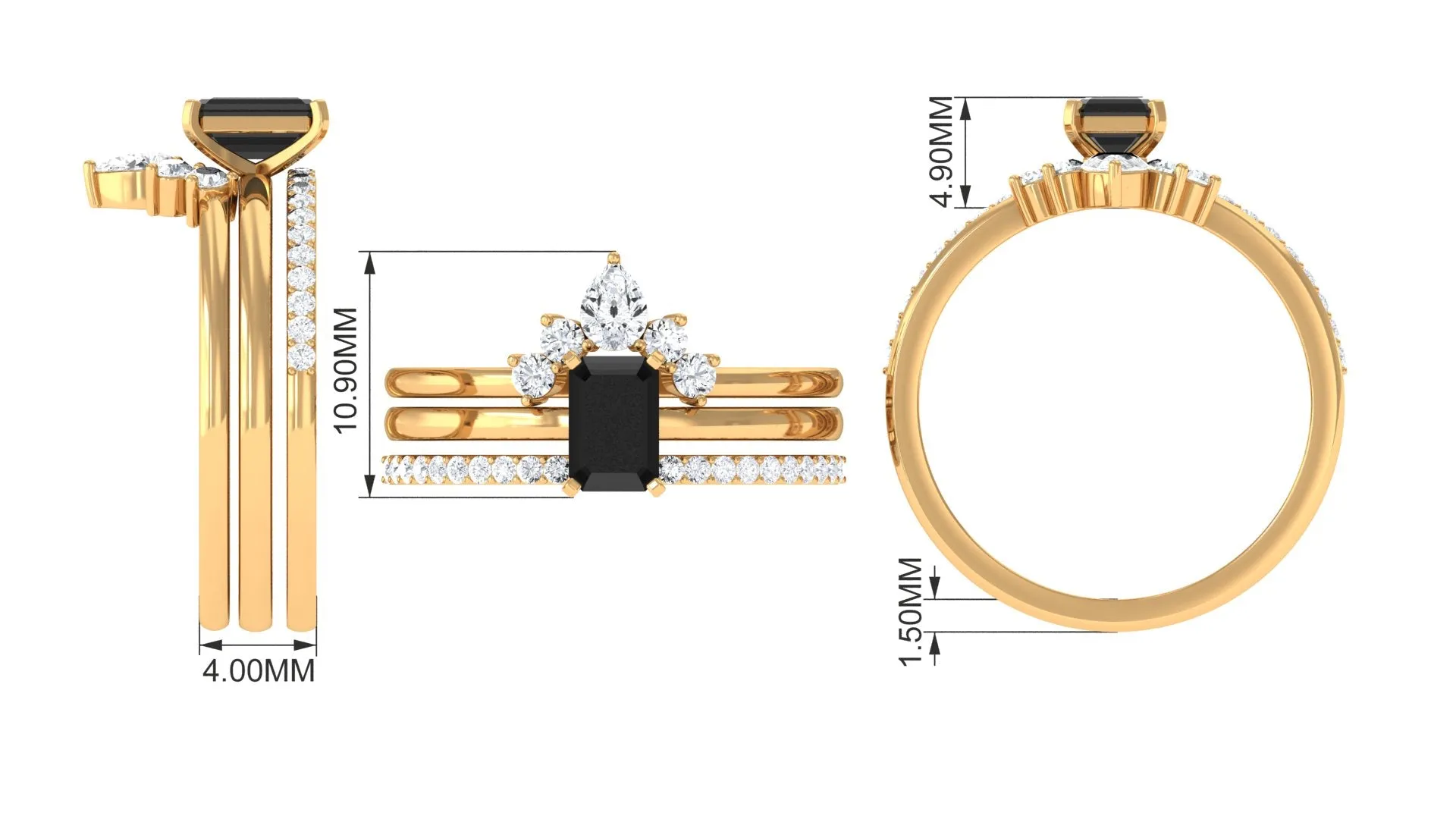 Solitaire Black Onyx and Moissanite Three Ring Set