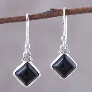 Square Onyx Dangle Earrings Crafted in India - Happy Kites in Black | NOVICA