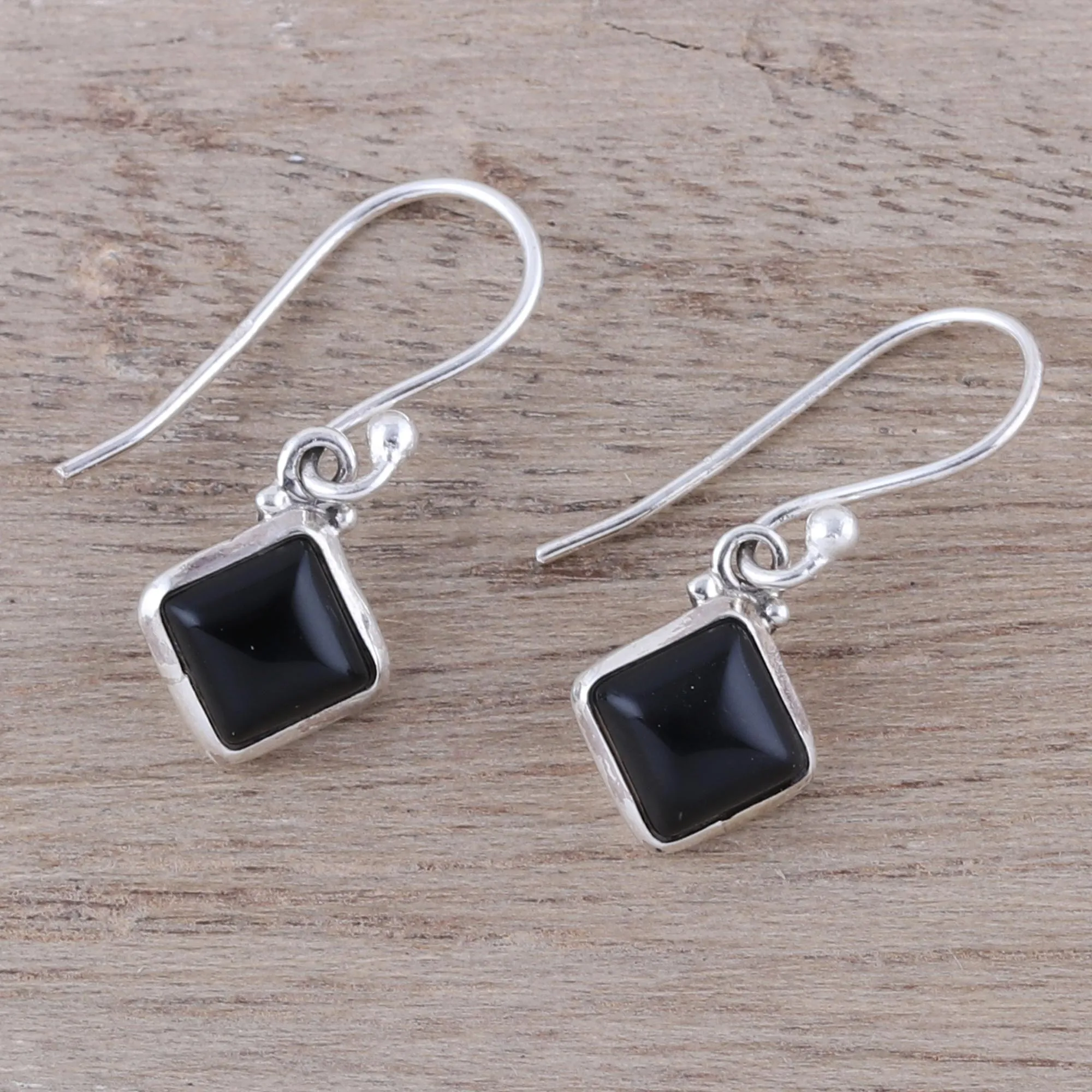 Square Onyx Dangle Earrings Crafted in India - Happy Kites in Black | NOVICA
