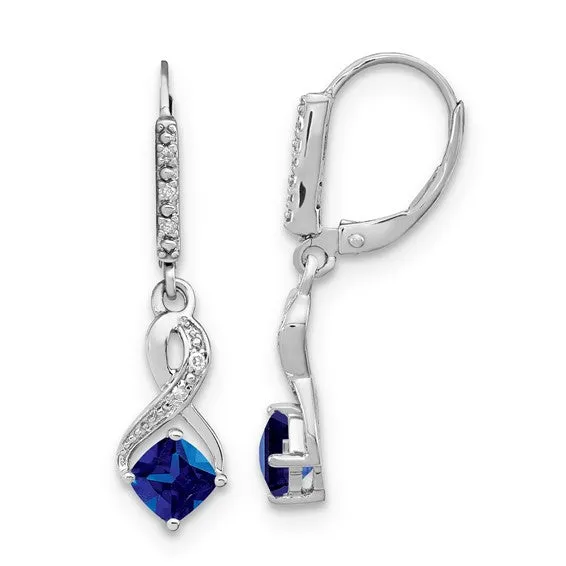 Sterling Silver Cushion Gemstone and Diamond Leverback Earrings
