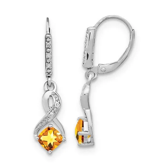 Sterling Silver Cushion Gemstone and Diamond Leverback Earrings
