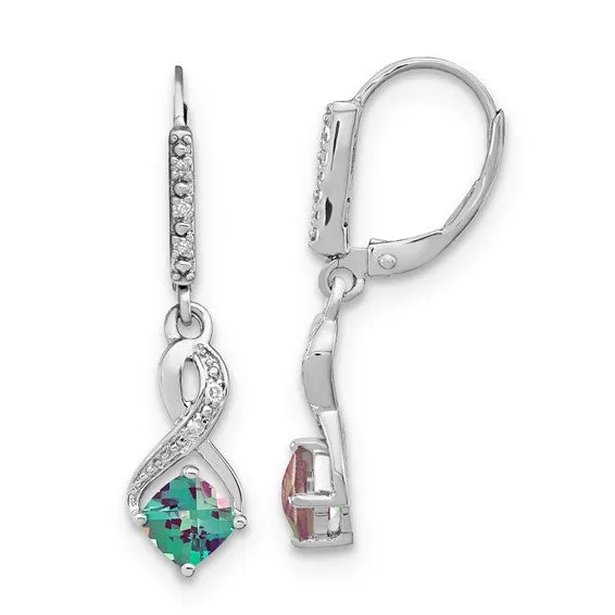 Sterling Silver Cushion Gemstone and Diamond Leverback Earrings