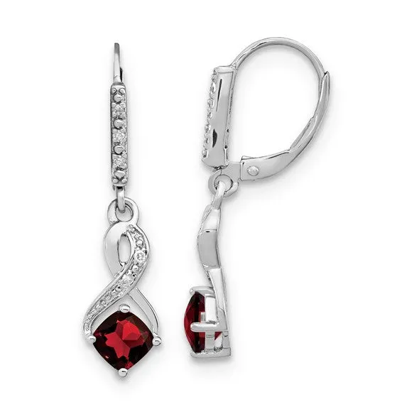 Sterling Silver Cushion Gemstone and Diamond Leverback Earrings