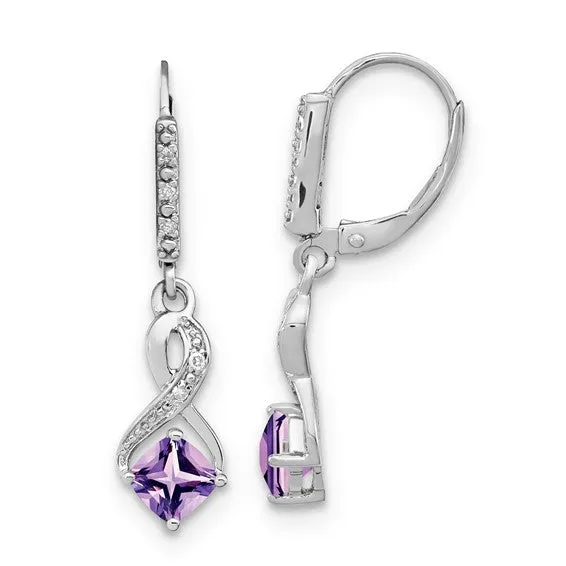 Sterling Silver Cushion Gemstone and Diamond Leverback Earrings