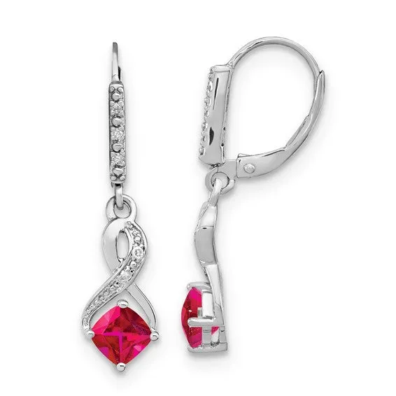 Sterling Silver Cushion Gemstone and Diamond Leverback Earrings