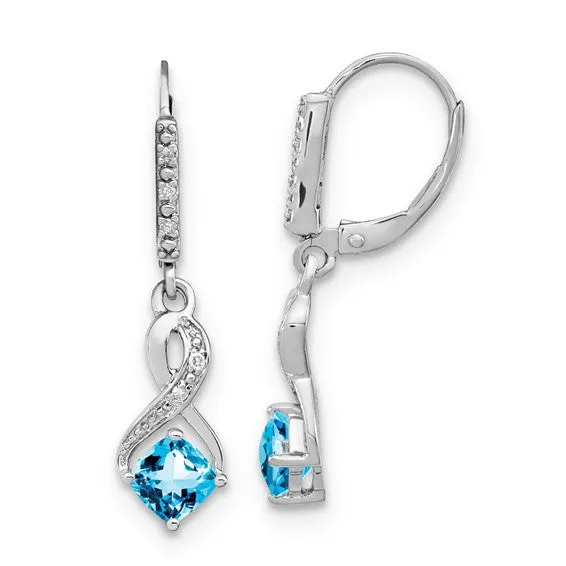 Sterling Silver Cushion Gemstone and Diamond Leverback Earrings